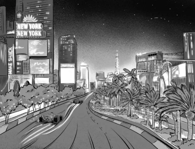 Futuristic city street with neon signs and palm trees at night