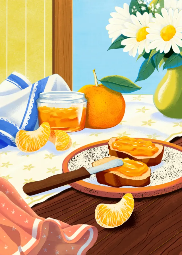 Toast with orange jam, peeled tangerines, and a flower vase on table