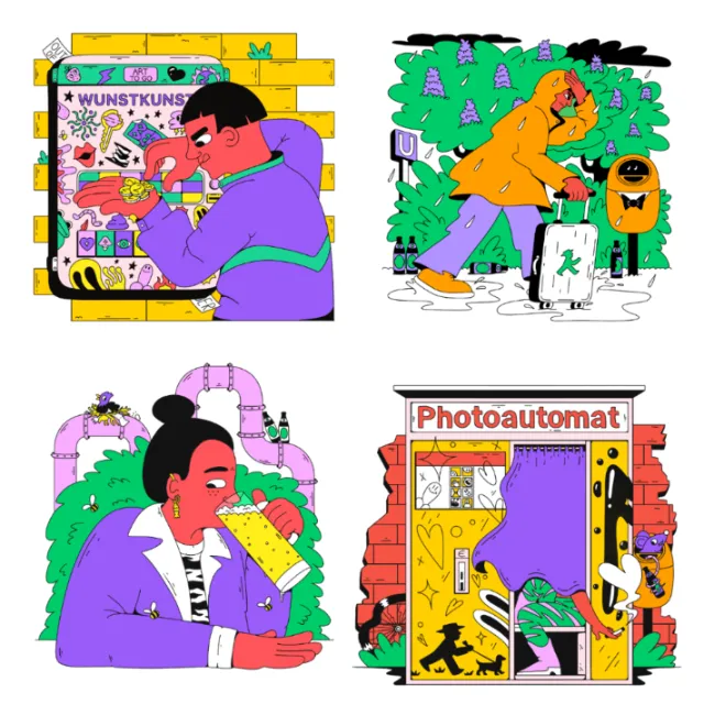 Four colorful scenes showing quirky Berlin life moments and characters