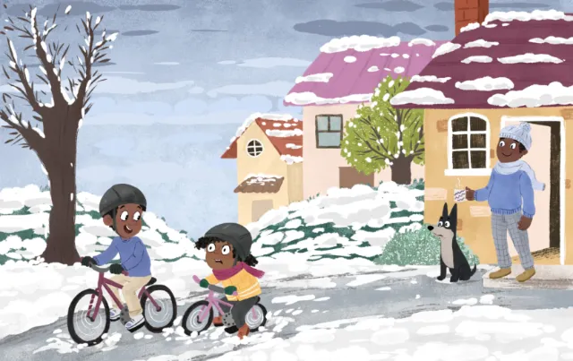 Two children racing bikes in snowy neighborhood with an adult and cat watching