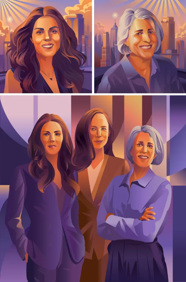 Portraits of four professional women with city backgrounds in a digital illustration.