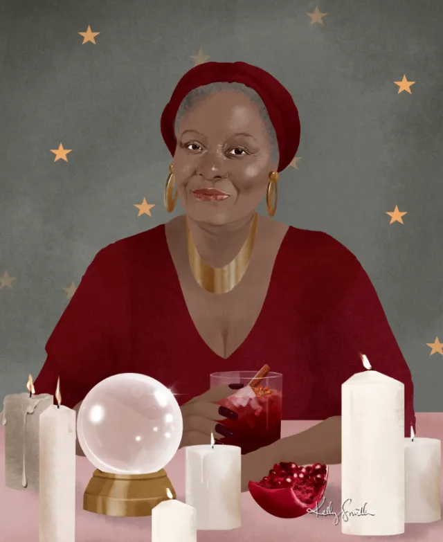 Woman in red with crystal ball and candles by Kelly Smith