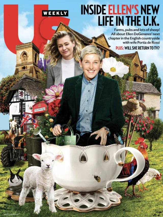 Ellen DeGeneres smiling in UK garden with oversized tea cup and lamb