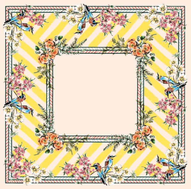 Square floral frame with birds on yellow striped background