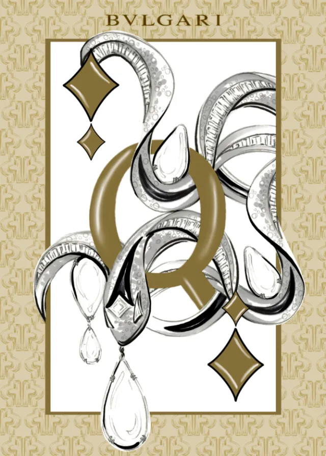 Bulgari jewelry illustration with gold and silver elements by Elly Azizian