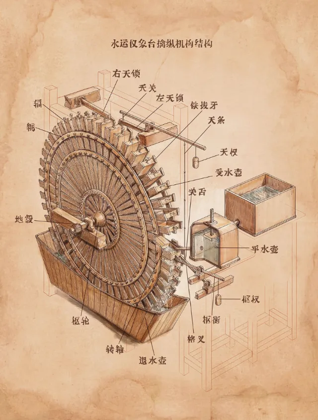 Diagram of a traditional Chinese waterwheel with labeled parts