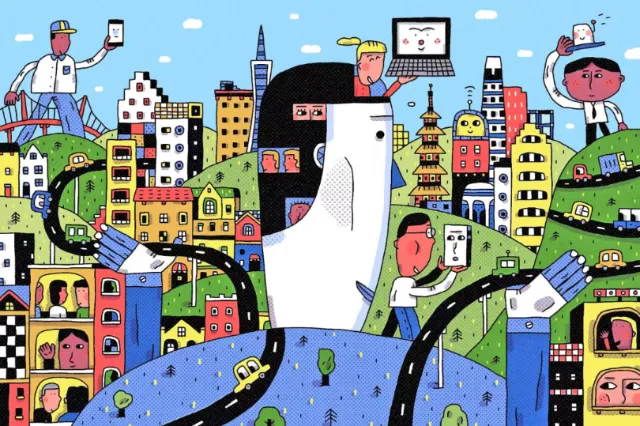 Colorful cityscape with people using smartphones and technology by Cara Wang