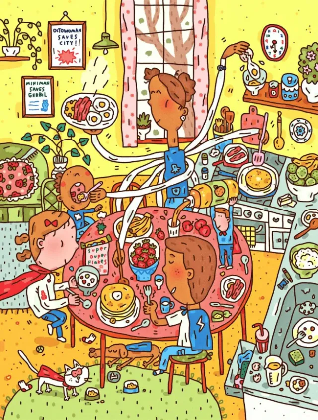 Colorful chaotic breakfast with a person serving food using many arms