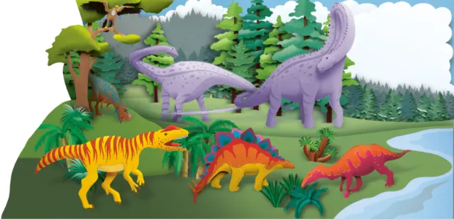 Various colorful dinosaurs in a green forest landscape