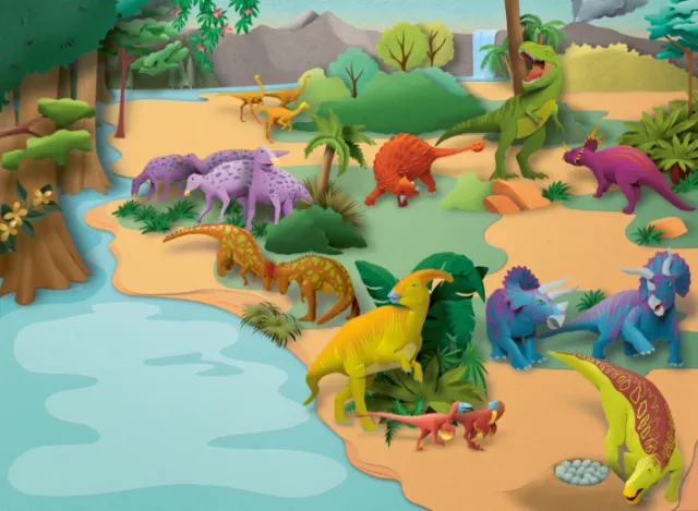 Various colorful toy dinosaurs on a prehistoric play scene