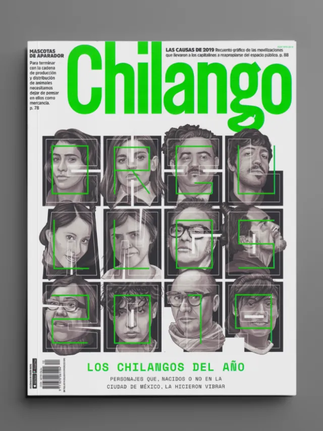 Cover of Chilango magazine featuring portraits of people in green square frames