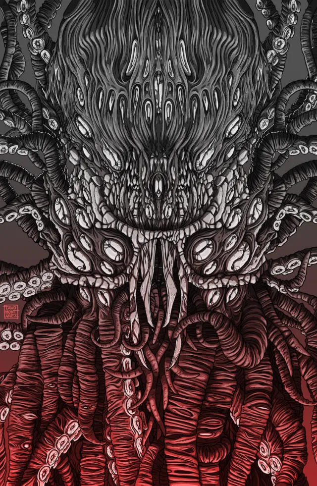 Dark detailed illustration of monstrous tentacled creature from The Call of Cthulhu