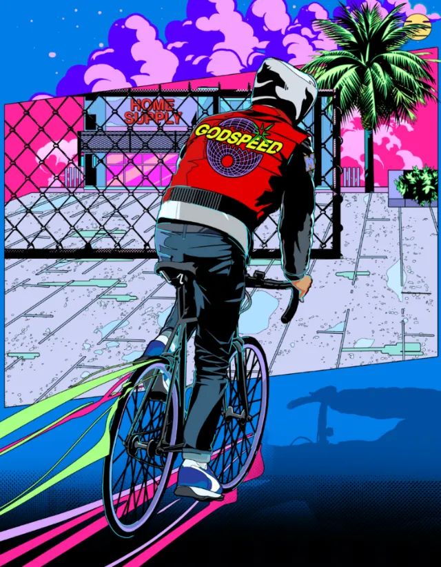 Person biking at night wearing a red Godspeed jacket near palm trees