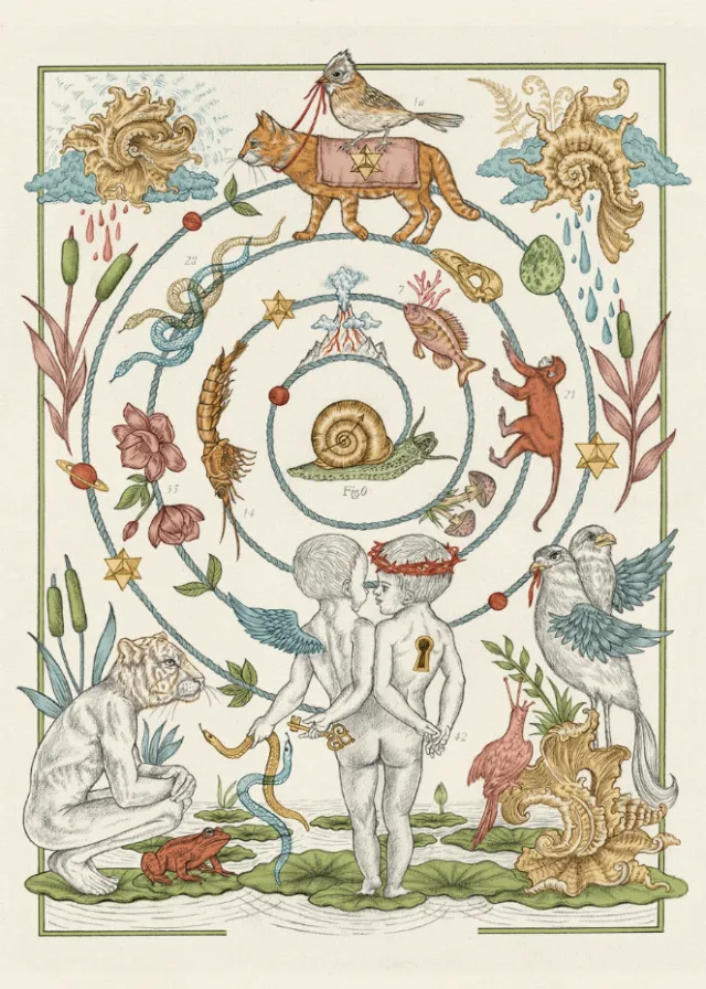 Surreal vintage spiral with animals and child by Carolina Zambrano