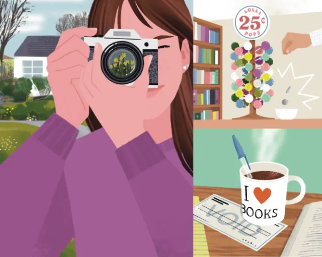 Teen girl holding camera with books and coffee nearby