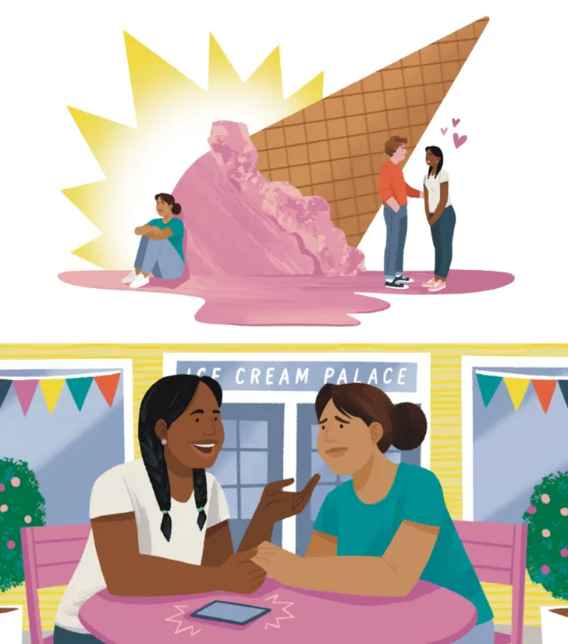 Illustration showing friendship tension with an ice cream cone and two women talking