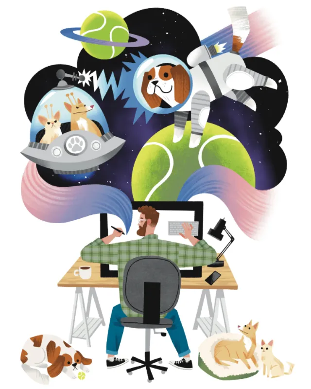 Person at desk with dogs illustrated as astronauts in space