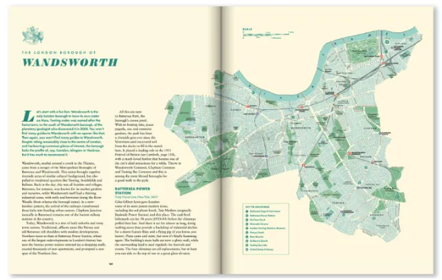 Open book showing vintage map and text about Wandsworth area