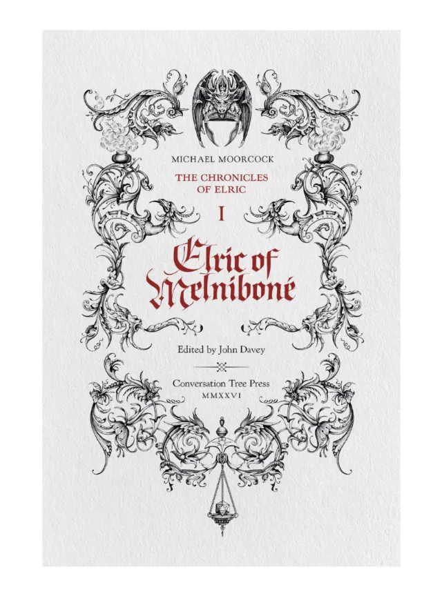 Cover of Chronicles of Elric book with ornate black floral designs