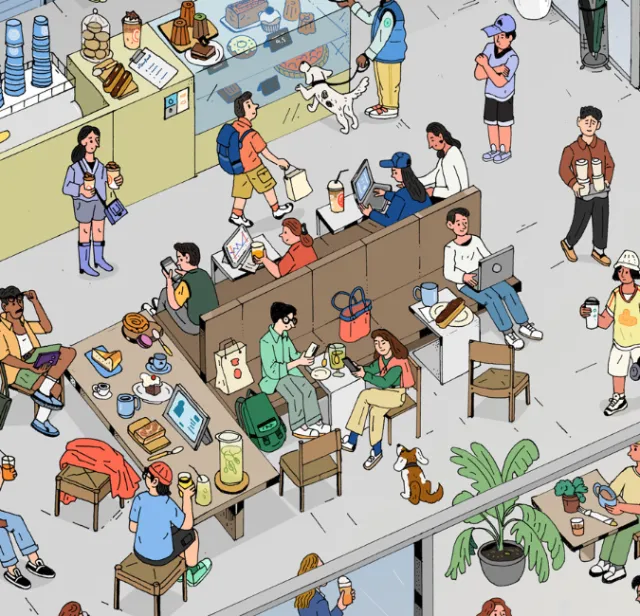 Illustration of a crowded café with people, dogs, and baristas