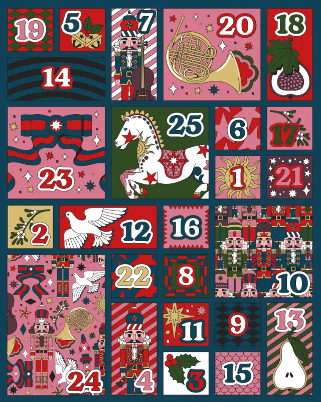 Colorful Christmas advent calendar with vintage holiday illustrations