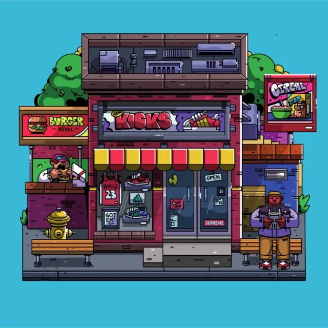 Pixel art sneaker store with burger and cereal shops nearby