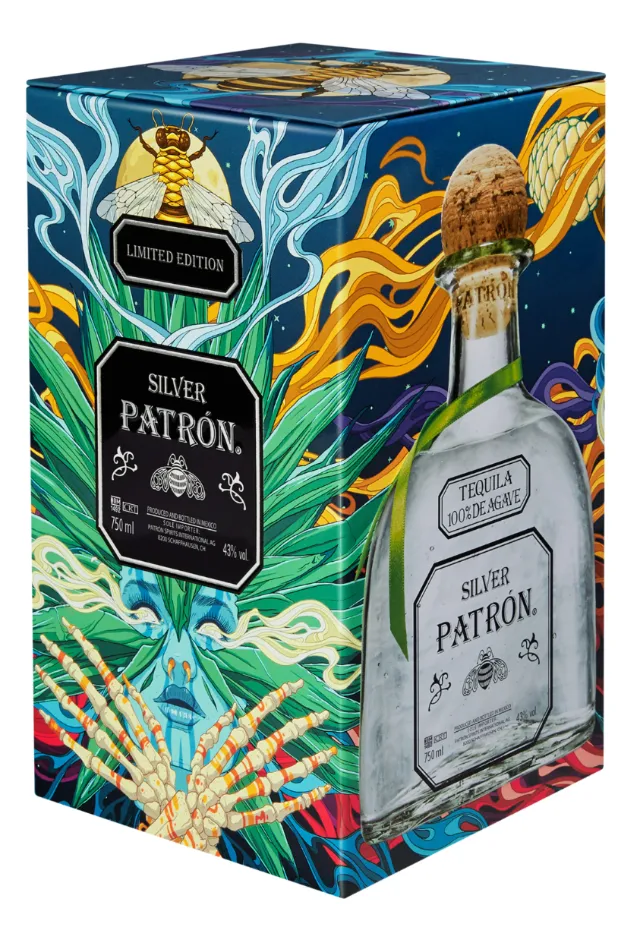 Silver Patrón tequila limited edition box with colorful artwork and corked bottle