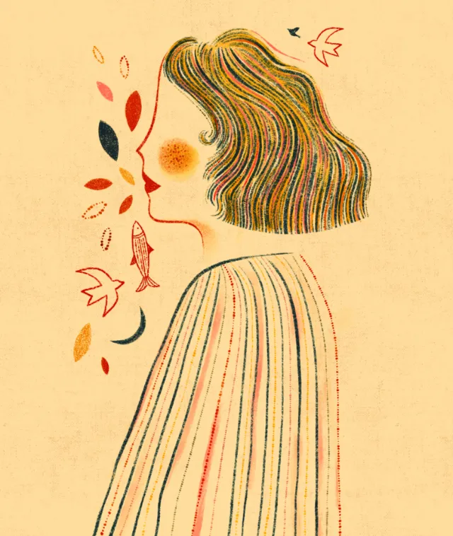 Abstract woman profile with colorful hair, leaves, and fish on beige background
