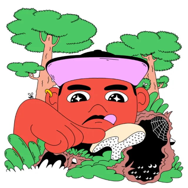 Person touching a cat-tongue mushroom in a forest setting