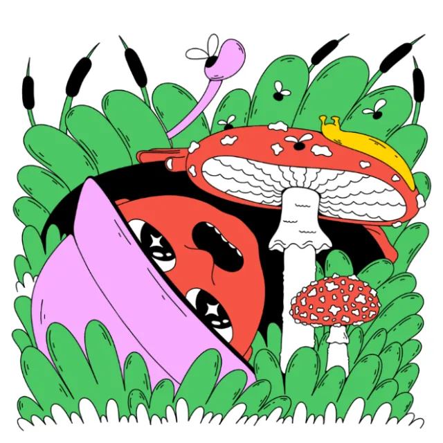 Cartoon ladybug with hat among fly agaric mushrooms and plants