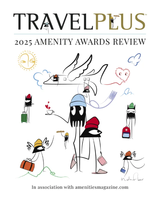 Whimsical travelers with luggage and flying birds illustration for TravelPlus 2025 awards.