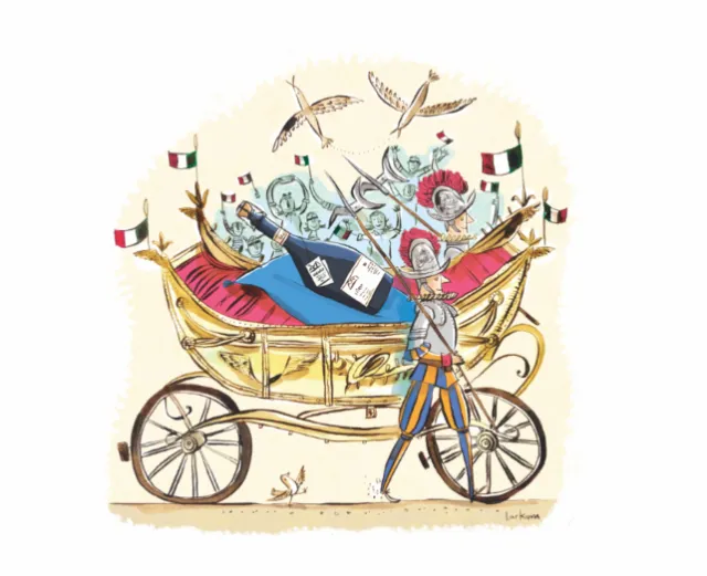 Illustration of a golden carriage with birds and a large bottle by Adam Larkum