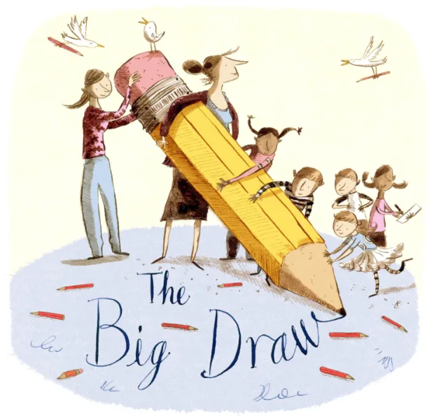 Children drawing with a large pencil illustration by Adam Larkum