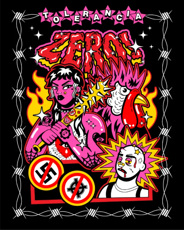 Punk rock 'Tolerance Zero' illustration by Marina Procházka with fiery colors and symbols