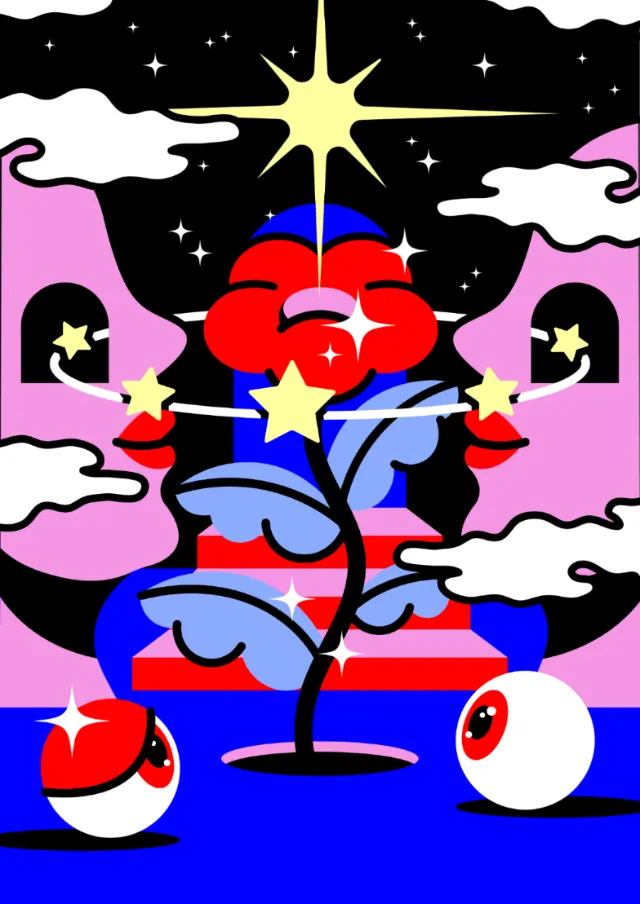 Surreal cosmic tree with star-shaped fruits and floating eyeballs by Marina Procházka