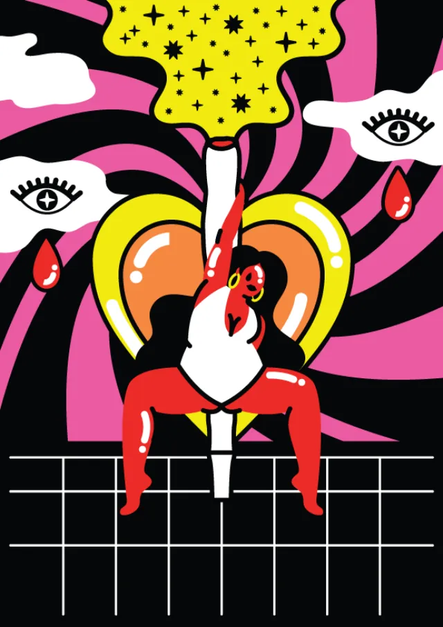 Surreal figure with striped candle and heart with eyes by Marina Procházka