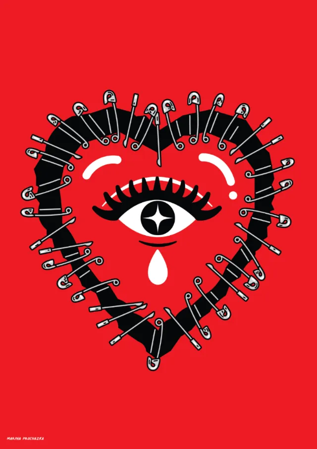 Heart shape composed of safety pins surrounding an eye with a tear by Marina Procházka