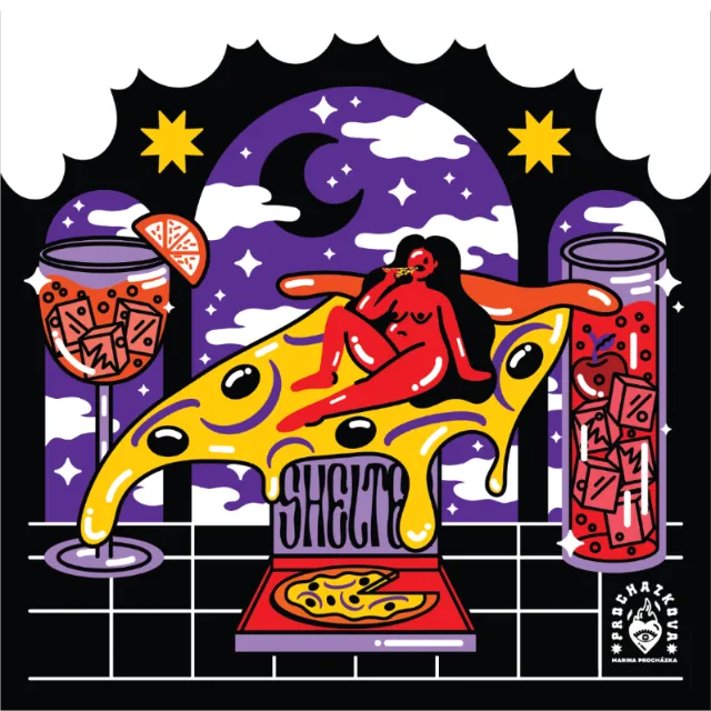 Surreal pizza slice scene with red figure and night sky by Marina Procházka