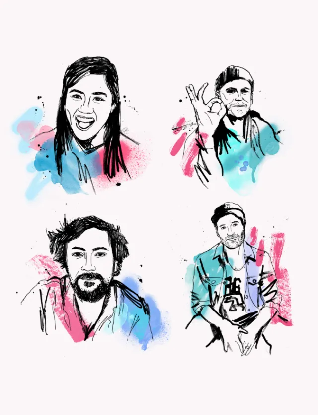 Hand-drawn colorful portraits of four individuals by Ben Tallon