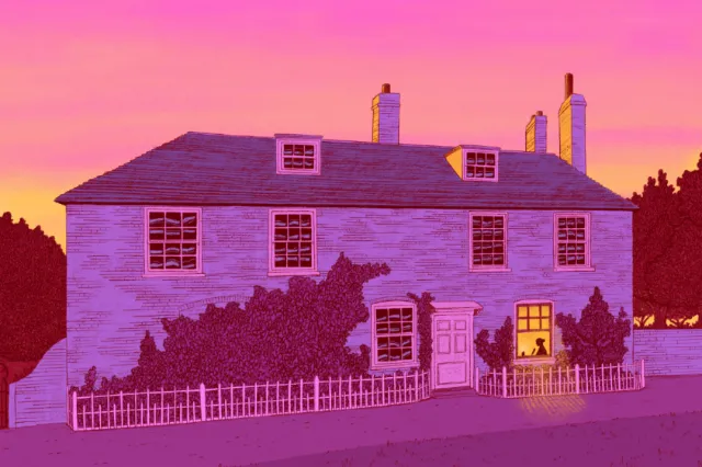 Illustrated house at sunset with cat silhouette in window by Zansky