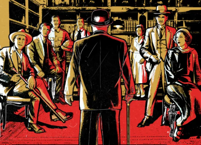 Vintage gangster group in a library scene with man standing, by Davi Augusto