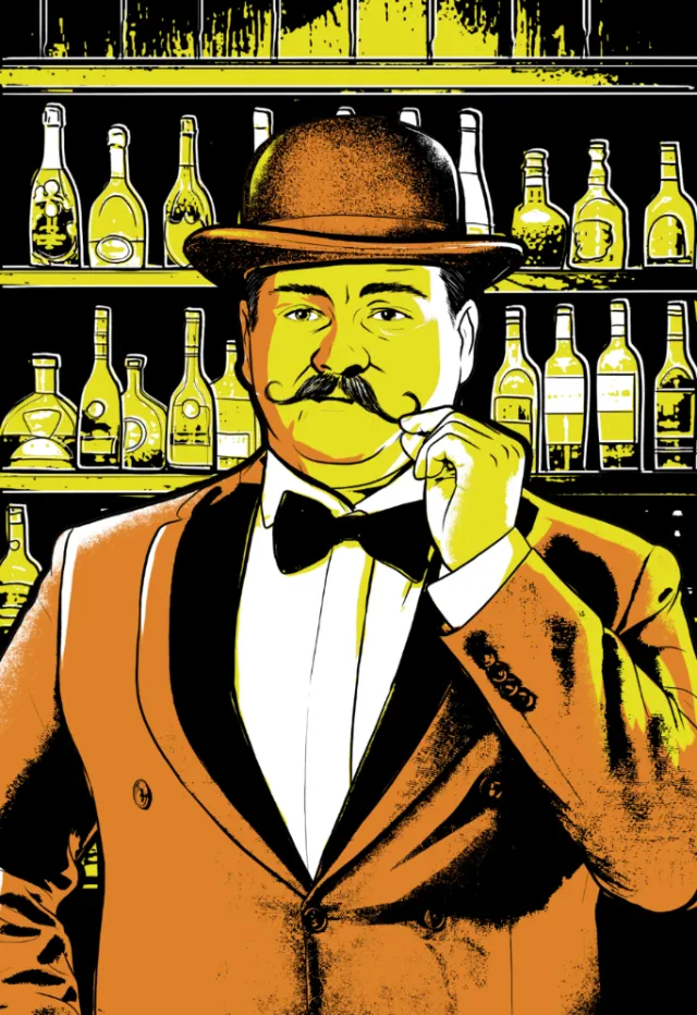 Vintage gentleman wearing bowler hat and bow tie smoking cigarette by bar shelves by Davi Augusto