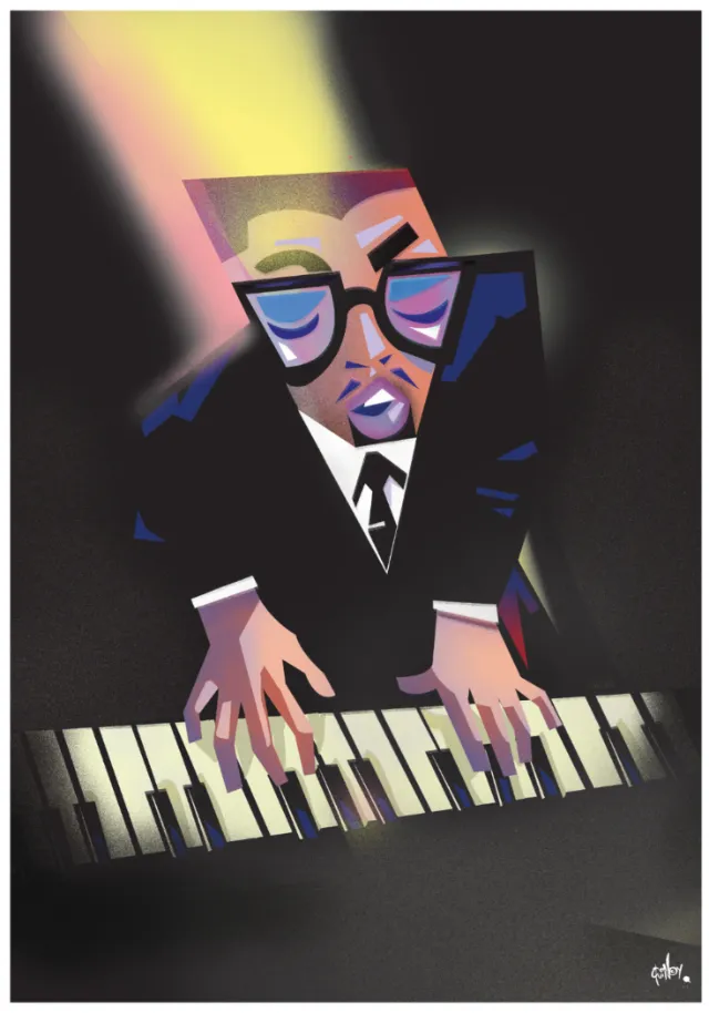Geometric musician playing piano keys by Quincy Sutton
