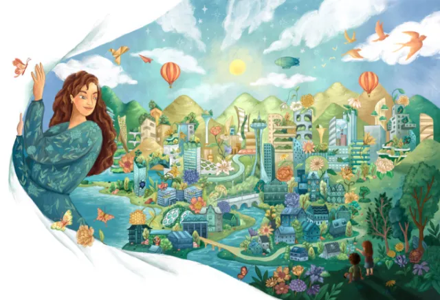 Woman unveiling vibrant cityscape blending nature and urban elements by Alyssa De Asis