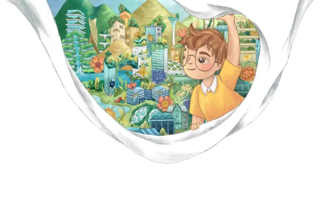 Illustration of boy imagining eco-friendly city by Alyssa De Asis