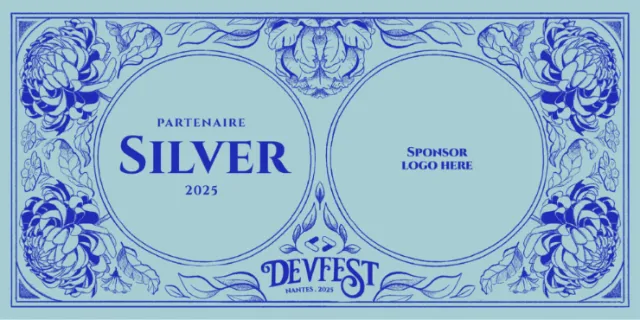 Silver Partner sponsor badge with blue floral designs by Luiza Laffitte