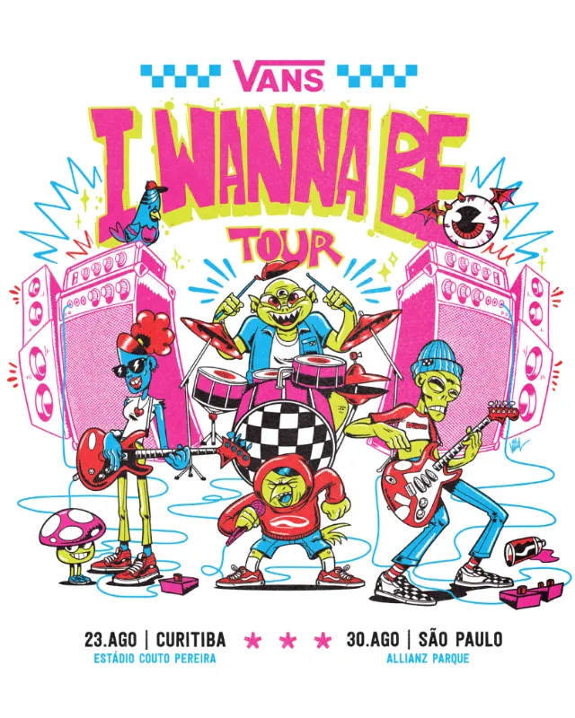 Vans I Wanna Be Tour poster with cartoon musicians and vibrant colors by Wagner Loud