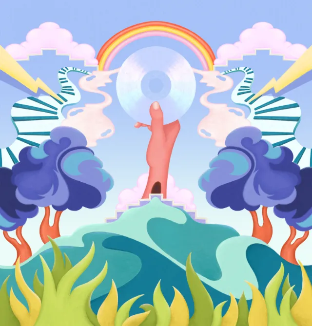 Surreal image of hand holding CD with rainbow and zebras by Lively Scout