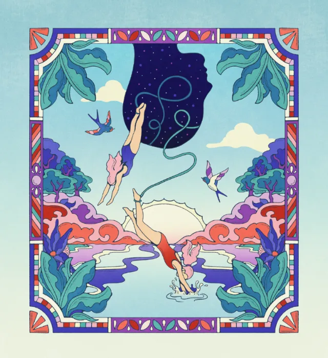 Two women diving from head into a colorful natural landscape by Lively Scout