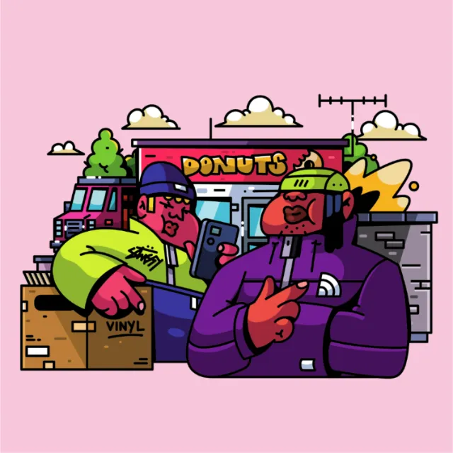 Two men talking outside a donut shop with vinyl boxes, artwork by Mpumelelo Bhengu